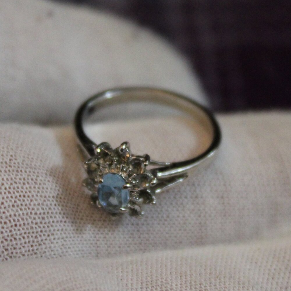 Blue and White Rhinestone Silver tone Ring